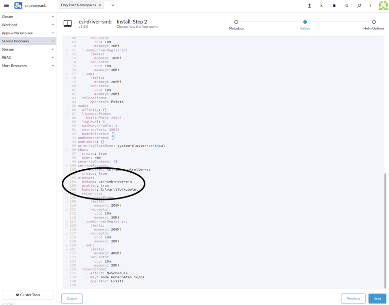 customized smb chart yaml