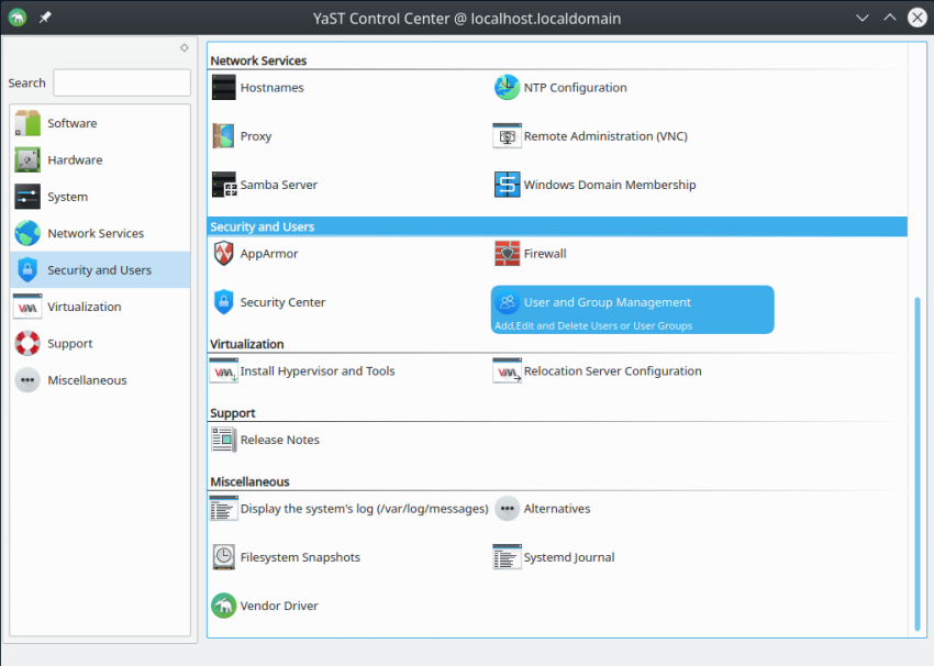 Image of YaST Security and Users section