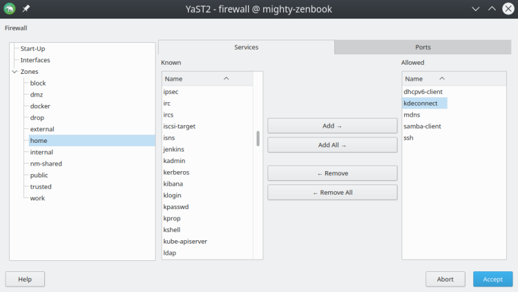 Image of KDE Connect rules added to the firewall for the home zone.