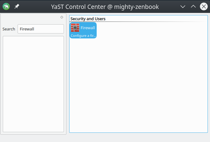 Image of YaST Control Center with the Firewall section highlighted.