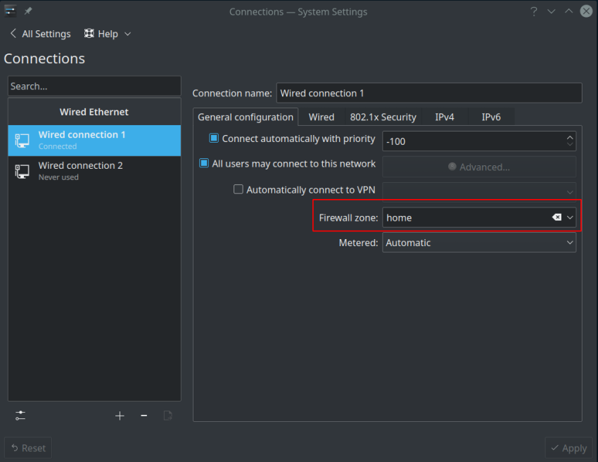 Image of network connection firewall zone set to home