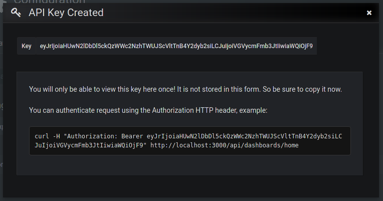 image of grafana created api key popup