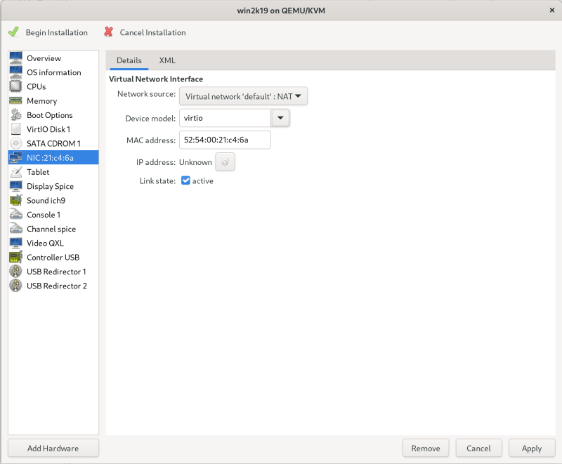 nic configuration screen